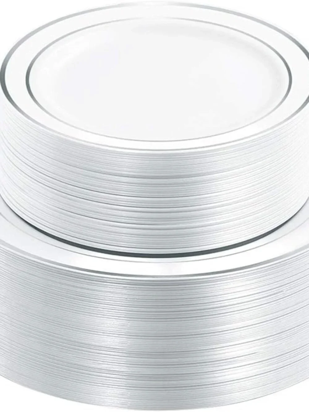 🍽️ 100 Heavy Duty White Plastic Dinner/Salad/Dessert Plates with Silver Rims 🍽️